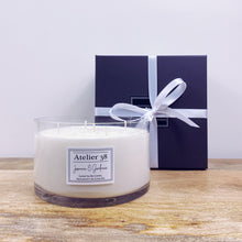 Load image into Gallery viewer, Atelier 38 Luxury Candles. Stunning Jasmine & Gardenia Extra Large Soy Wax Candle. 5 wicks, 1.3kg, clear glass bowl, Luxury gift packaging