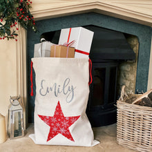 Load image into Gallery viewer, Personalised Star Linen Christmas Sack