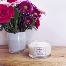 Load image into Gallery viewer, Large clear glass soy wax candle, 3 wick, Rock Salt & Driftwood fragrance.