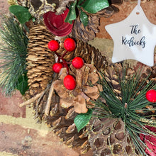 Load image into Gallery viewer, Personalised Gold Glitter Pine and Red Berry Wreath
