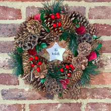 Load image into Gallery viewer, Personalised Gold Glitter Pine and Red Berry Wreath
