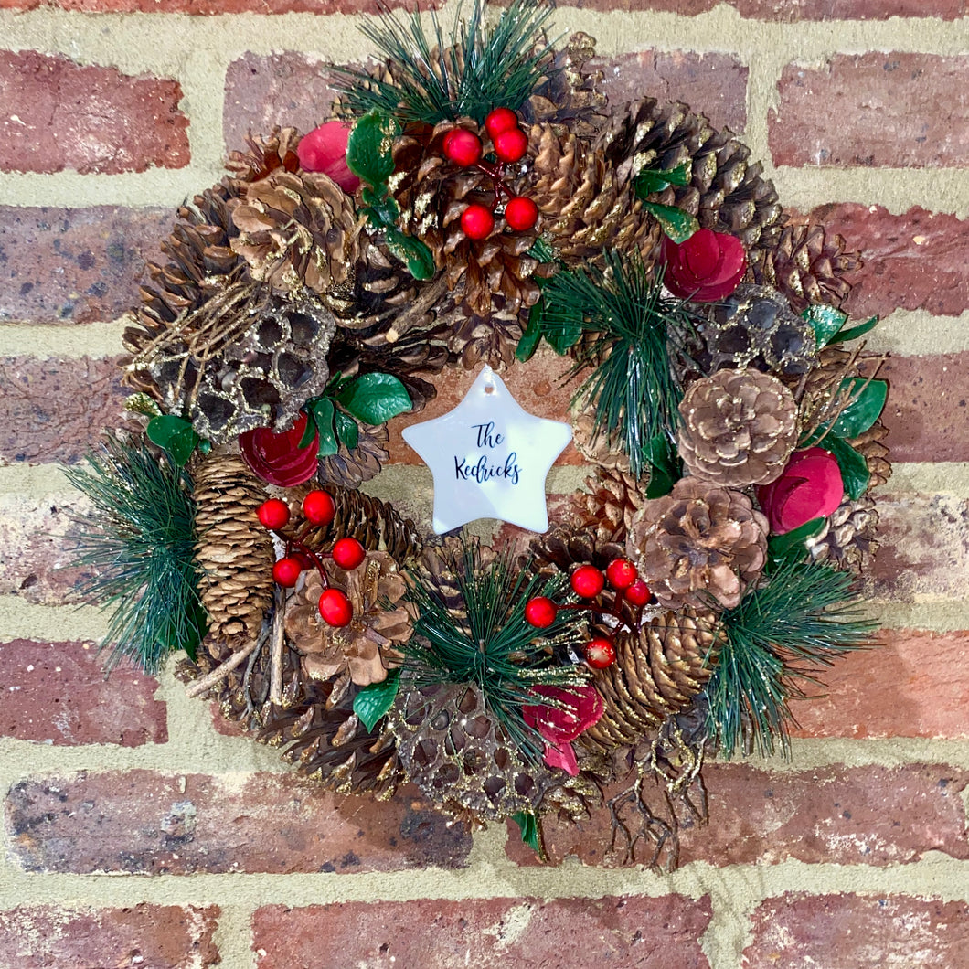 Personalised Gold Glitter Pine and Red Berry Wreath
