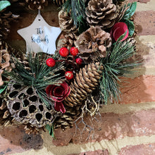 Load image into Gallery viewer, Personalised Gold Glitter Pine and Red Berry Wreath
