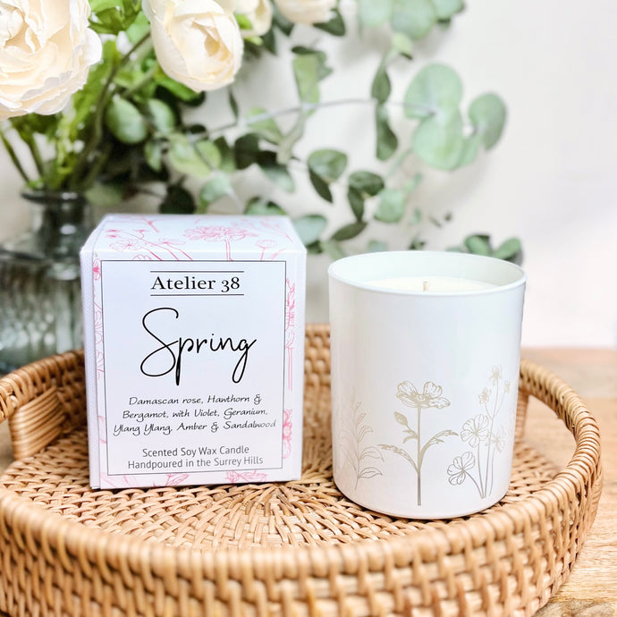 Engraved whote candle jar, spring time flower design.