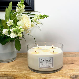 Atelier 38. Extra Large, Multi-wick, Clear Glass Candle. Tuscan Summer. Luxury Soy Wax Candle.