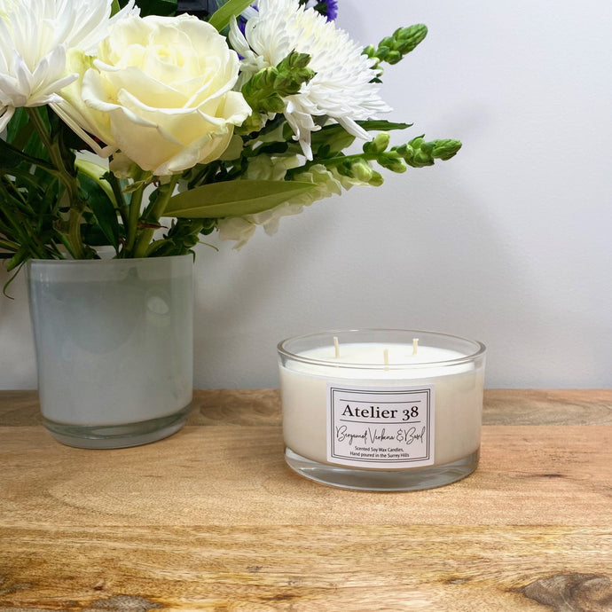 Atelier 38 Scented Soy Wax candle, Large, Bergamot Verbena and Basil. Luxury Multi-wick Candle, Surrey UK, Natural sustainable product.