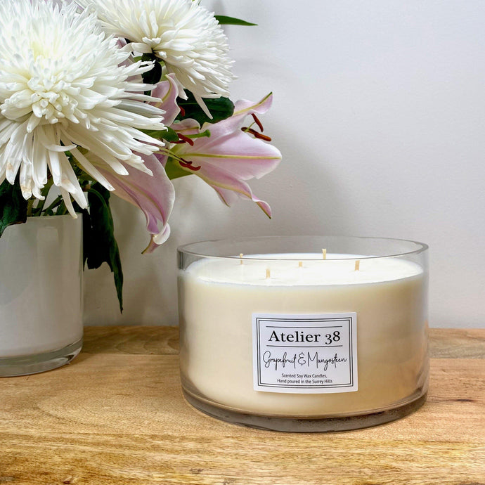 Atelier 38. Extra Large, Multi-wick, Clear Glass Candle. Grapefruit and Mangosteen. Luxury Soy Wax Candle.