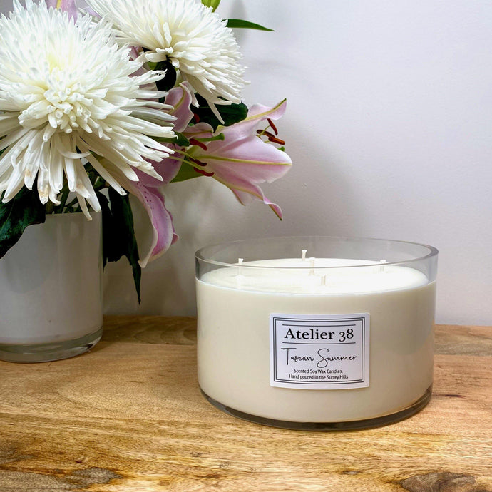 Atelier 38. Extra Large, Multi-wick, Clear Glass Candle. Tuscan Summer. Luxury Soy Wax Candle.