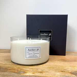 Atelier 38. Extra Large, Multi-wick, Clear Glass Candle. Tuscan Summer. Luxury Soy Wax Candle.