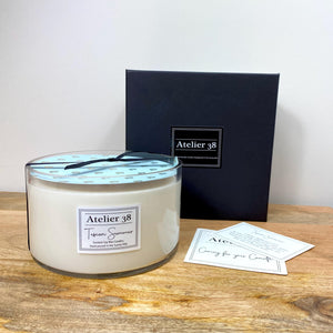 Atelier 38. Extra Large, Multi-wick, Clear Glass Candle. Tuscan Summer. Luxury Soy Wax Candle.