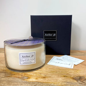 Atelier 38. Extra Large, Multi-wick, Clear Glass Candle. Bergamot Verbena and Basil. Luxury Soy Wax Candle.